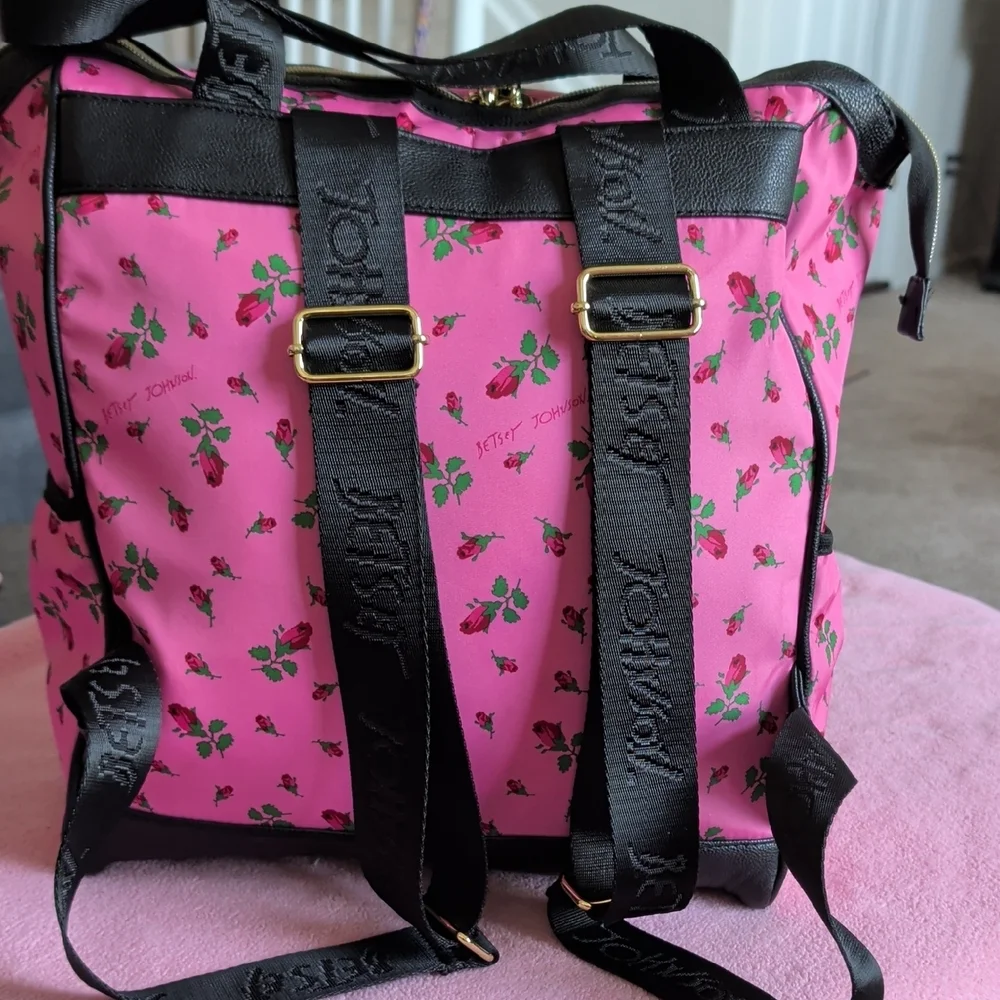 Betsey Johnson Pink Quilted Floral Backpack with Black Trim